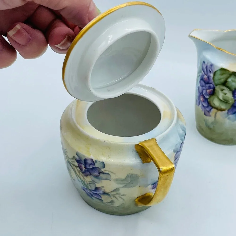 Antique Wellman Germany Porcelain Cream & Sugar Set Purple Floral Gold Gilt